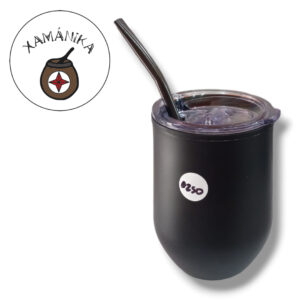 mate acero inox negro con tapa + bombilla negra 18 cms