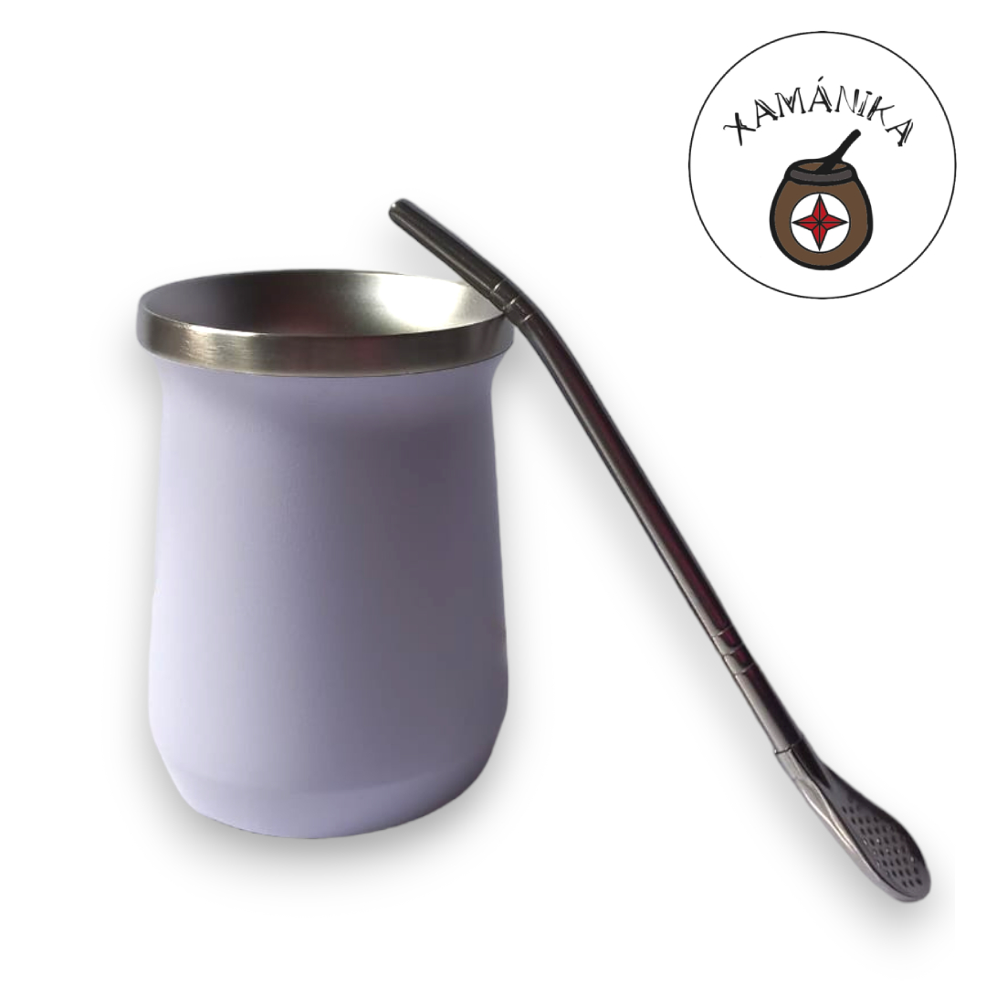 mate blanco B acero inox sin tapa con bombilla plateada - Imagen 2