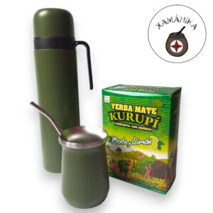 Combo completo: mate verde, bombilla, termo verde + yerba mate kurupi menta y limón
