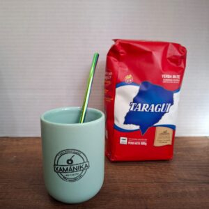 COMBO MATE CERAMICA CELESTE+ BOMBILLA ACERO + YERBA MATE MEDIO KILO TROJA