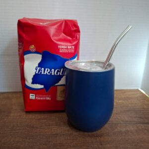 COMBO MATE AZUL  ACERO Y TAPA  GRANDE+ BOMBILLA + YERBA MEDIO KILO TROJA