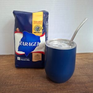 COMBO MATE AZUL  ACERO Y TAPA  GRANDE+ BOMBILLA  + YERBA MEDIO KILO TAZUL