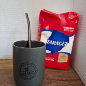 COMBO MATE CERAMICA GRIS+ BOMBILLA+YERBA MEDIO KILO TROJA