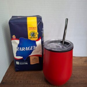 COMBO MATE ROJO CON TAPA + BOMBILLA + YERBA MEDIO KILO TAZUL