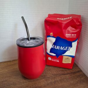 COMBO MATE ROJO CON TAPA + BOMBILLA + YERBA MEDIO KILO TROJA