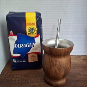 COMBO MATE ACERO INOX TEXTURA MADERA+ BOMBILLA + YERBA MEDIO KILO TAZUL