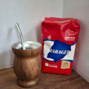 COMBO MATE ACERO INOX TEXTURA MADERA+ BOMBILLA + YERBA MEDIO KILO TROJA