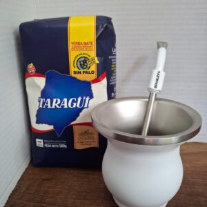 COMBO MATE ACERO INOX BLANCO BOCA ANCHA + BOMBILLA  STANLEY BLANCA+ YERBA MEDIO KILO TAZUL