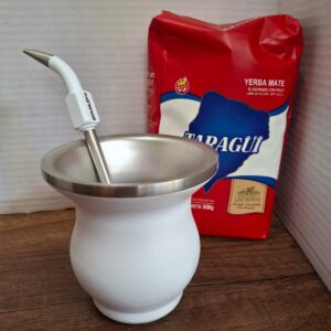COMBO MATE ACERO INOX BLANCO BOCA ANCHA + BOMBILLA  STANLEY BLANCA+ YERBA MEDIO KILO TROJA