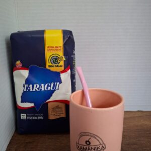 COMBO MATE CERAMICA ROSA + BOMBILLA  ACERO ROSA + YERBA MEDIO KILO TAZUL