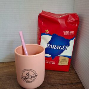 COMBO MATE CERAMICA ROSA + BOMBILLA  ACERO ROSA + YERBA MEDIO KILO ROJA