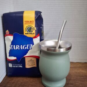 COMBO MATE ACERO INOX GRIS + BOMBILLA + YERBA MATE MEDIO KILO T AZUL