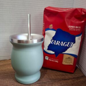 COMBO MATE ACERO INOX GRIS + BOMBILLA + YERBA MATE MEDIO KILO T ROJA
