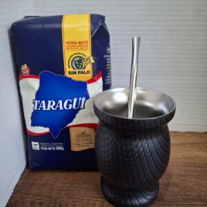 COMBO MATE ACERO INOX GRIS CON TEXTURA + BOMBILLA + YERBA MATE MEDIO KILO T AZUL
