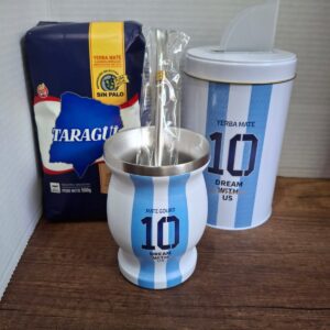 COMBO MATE ACERO INOX ARGENTINA + BOMBILLA + YERBA MATE MEDIO KILO T AZUL + YERBERA ARGENTINA