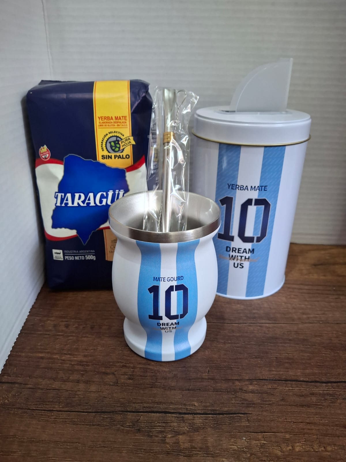 COMBO MATE ACERO INOX ARGENTINA + BOMBILLA + YERBA MATE MEDIO KILO T AZUL + YERBERA ARGENTINA