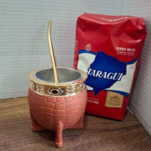 COMBO MATE IMPERIAL CAFE ACERO POR DENTRO+ BOMBILLA  DORADA + YERBA MEDIO KILO TROJA