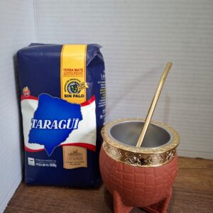 COMBO MATE IMPERIAL CAFE ACERO POR DENTRO+ BOMBILLA  DORADA + YERBA MEDIO KILO TAZUL
