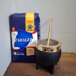 COMBO MATE IMPERIAL NEGRO ACERO POR DENTRO+ BOMBILLA  DORADA + YERBA MEDIO KILO TAZUL
