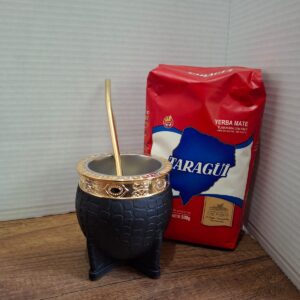COMBO MATE IMPERIAL NEGRO ACERO POR DENTRO+ BOMBILLA  DORADA + YERBA MEDIO KILO TROJA