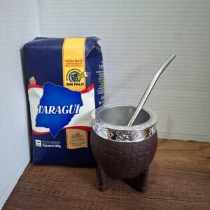 COMBO MATE IMPERIAL CAFE OSCURO ACERO POR DENTRO+ BOMBILLA   + YERBA MEDIO KILO TAZUL