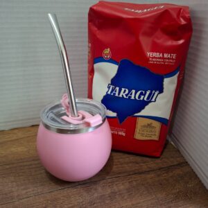 COMBO MATE ROSADO ACERO Y TAPA + BOMBILLA  + YERBA MEDIO KILO TROJA