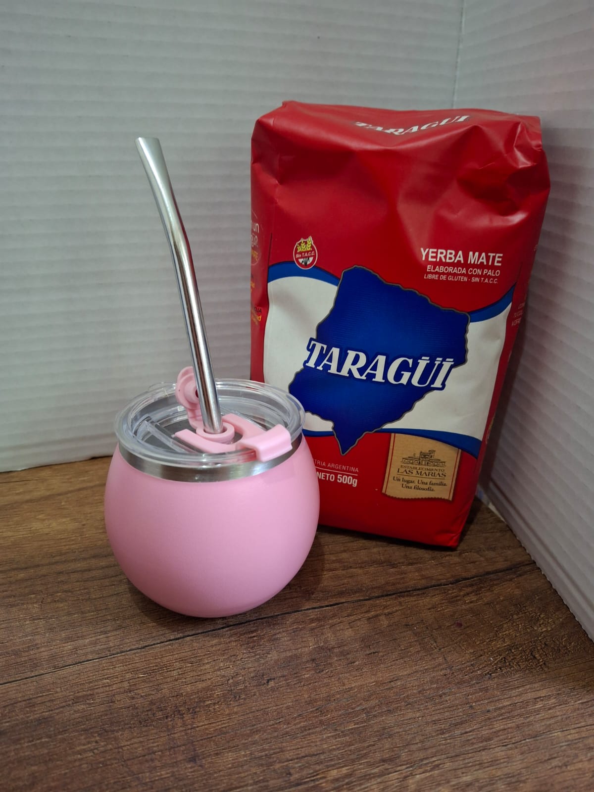 COMBO MATE ROSADO ACERO Y TAPA + BOMBILLA + YERBA MEDIO KILO TROJA