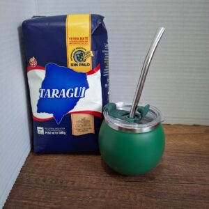 COMBO MATE VERDE ACERO Y TAPA + BOMBILLA  + YERBA MEDIO KILO TAZUL