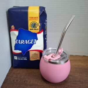 COMBO MATE ROSADO  ACERO Y TAPA + BOMBILLA  + YERBA MEDIO KILO TAZUL