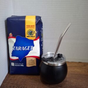 COMBO MATE NEGRO  ACERO Y TAPA + BOMBILLA  + YERBA MEDIO KILO TAZUL