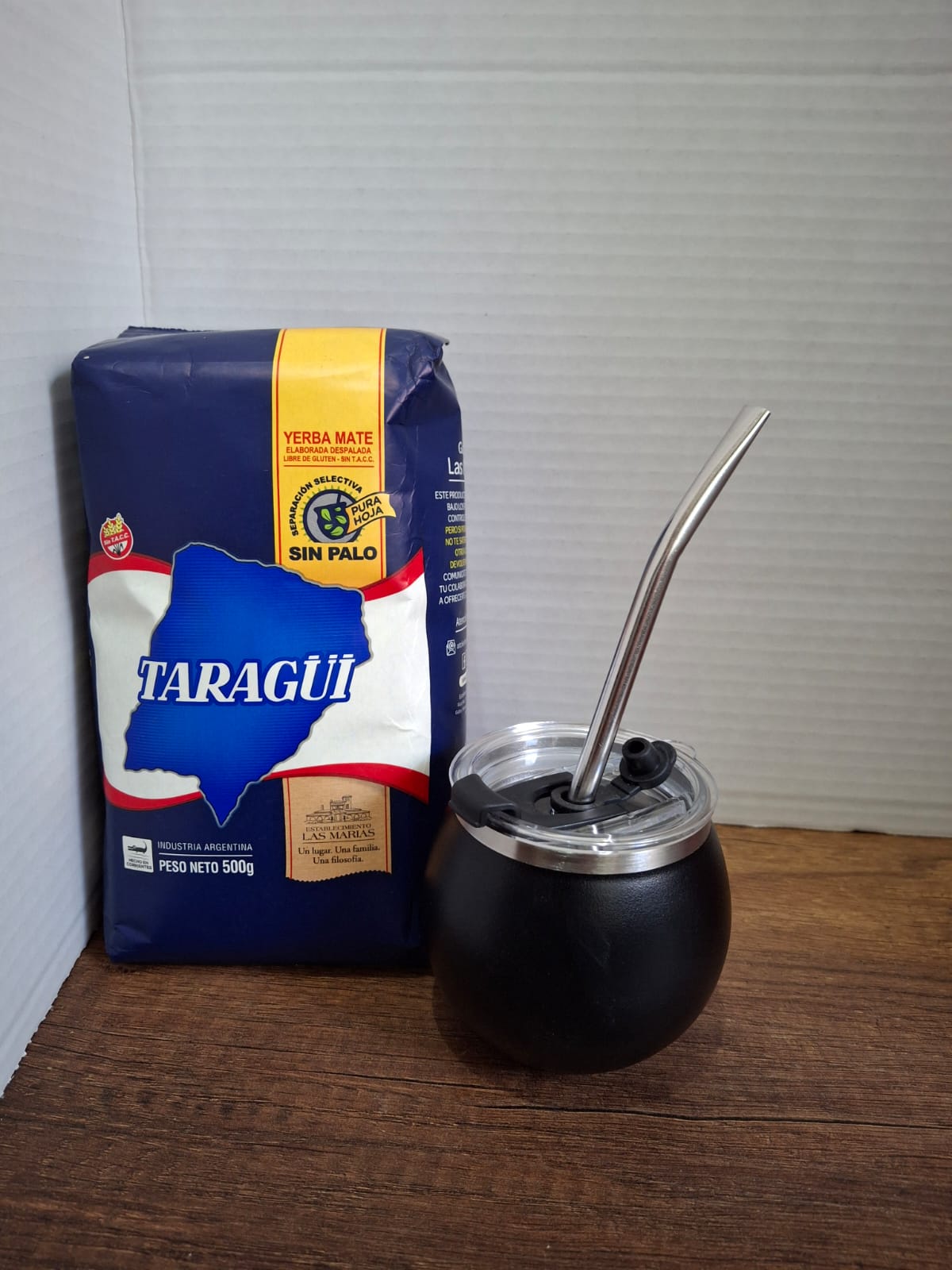 COMBO MATE NEGRO ACERO Y TAPA + BOMBILLA + YERBA MEDIO KILO TAZUL