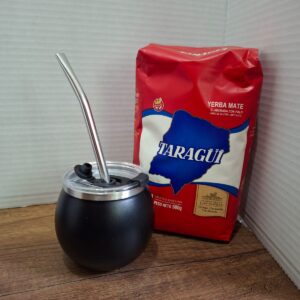COMBO MATE NEGRO  ACERO Y TAPA + BOMBILLA  + YERBA MEDIO KILO TROJA