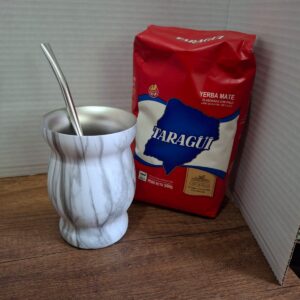 COMBO MATE MARMOLEADO  ACERO + BOMBILLA  + YERBA MEDIO KILO TROJA