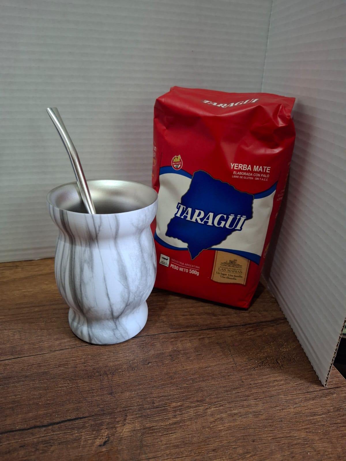 COMBO MATE MARMOLEADO ACERO + BOMBILLA + YERBA MEDIO KILO TROJA