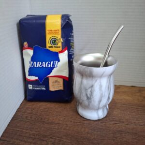 COMBO MATE MARMOLEADO  ACERO + BOMBILLA  + YERBA MEDIO KILO TAZUL