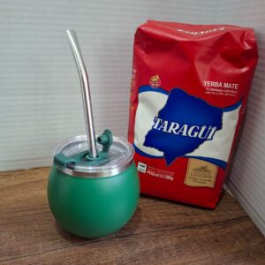 COMBO MATE VERDE ACERO Y TAPA + BOMBILLA  + YERBA MEDIO KILO TROJA