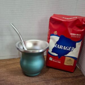 COMBO MATE VERDE ACERO BOCA ANCHA + BOMBILLA  + YERBA MEDIO KILO TROJA