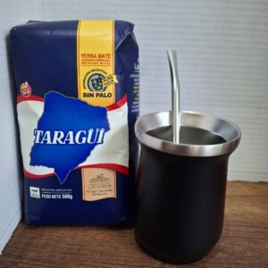 COMBO MATE NEGRO  ACERO ESTILO STANLEY+ BOMBILLA  + YERBA MEDIO KILO TAZUL