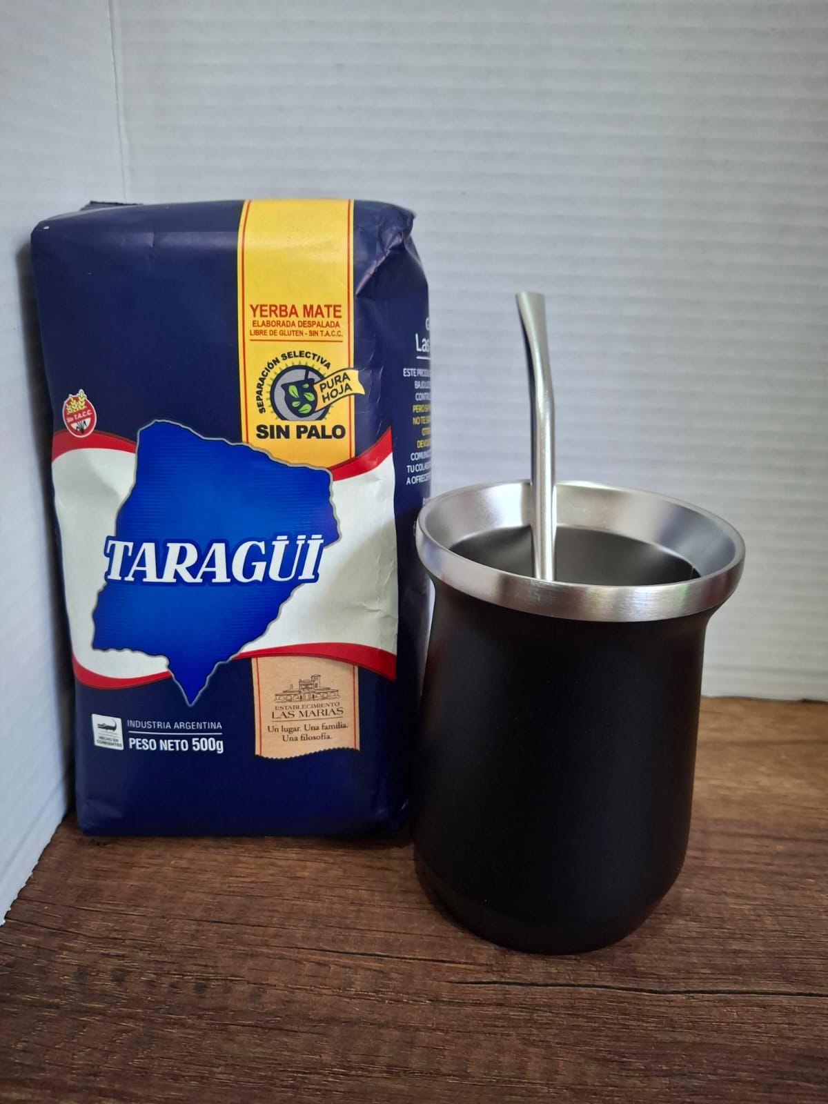 COMBO MATE NEGRO ACERO ESTILO STANLEY+ BOMBILLA + YERBA MEDIO KILO TAZUL