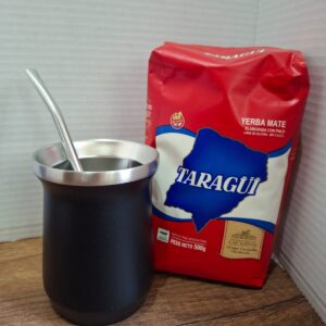 COMBO MATE NEGRO  ACERO ESTILO STANLEY+ BOMBILLA  + YERBA MEDIO KILO TROJA