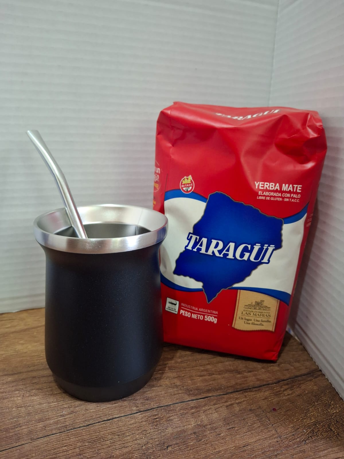 COMBO MATE NEGRO ACERO ESTILO STANLEY+ BOMBILLA + YERBA MEDIO KILO TROJA