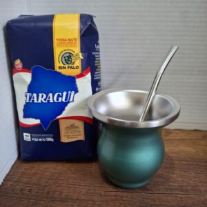 COMBO MATE VERDE ACERO BOCA ANCHA + BOMBILLA  + YERBA MEDIO KILO TAZUL