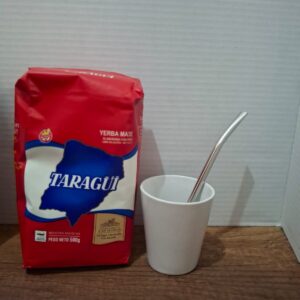 COMBO MATE CERAMICA BLANCO + BOMBILLA ACERO + YERBA MATE MEDIO KILO TROJA