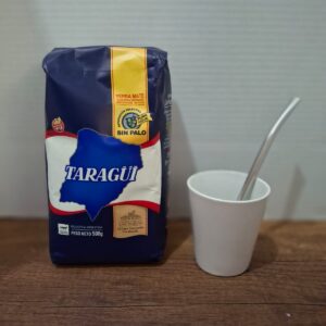 COMBO MATE CERAMICA BLANCO + BOMBILLA ACERO + YERBA MATE MEDIO KILO TAZUL