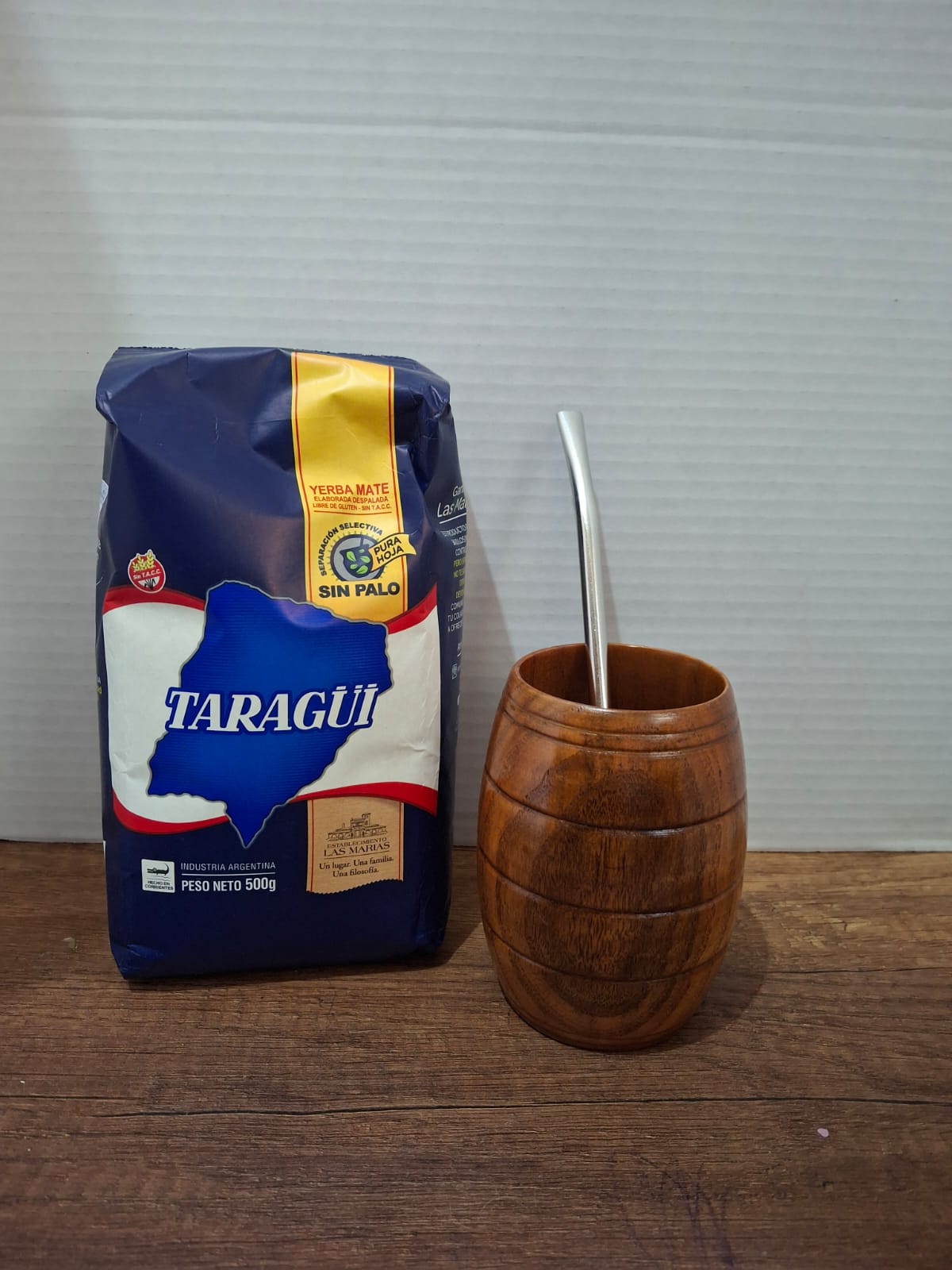 COMBO MATE MADERA BARRIL + BOMBILLA + YERBA MEDIO KILO TAZUL