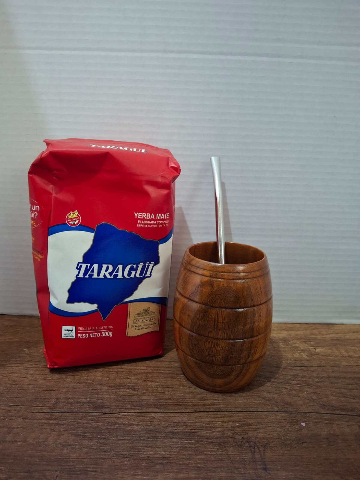 COMBO MATE MADERA BARRIL + BOMBILLA + YERBA MEDIO KILO TROJA