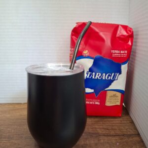 COMBO MATE NEGRO  ACERO Y TAPA  GRANDE+ BOMBILLA  NEGRA+ YERBA MEDIO KILO TROJA
